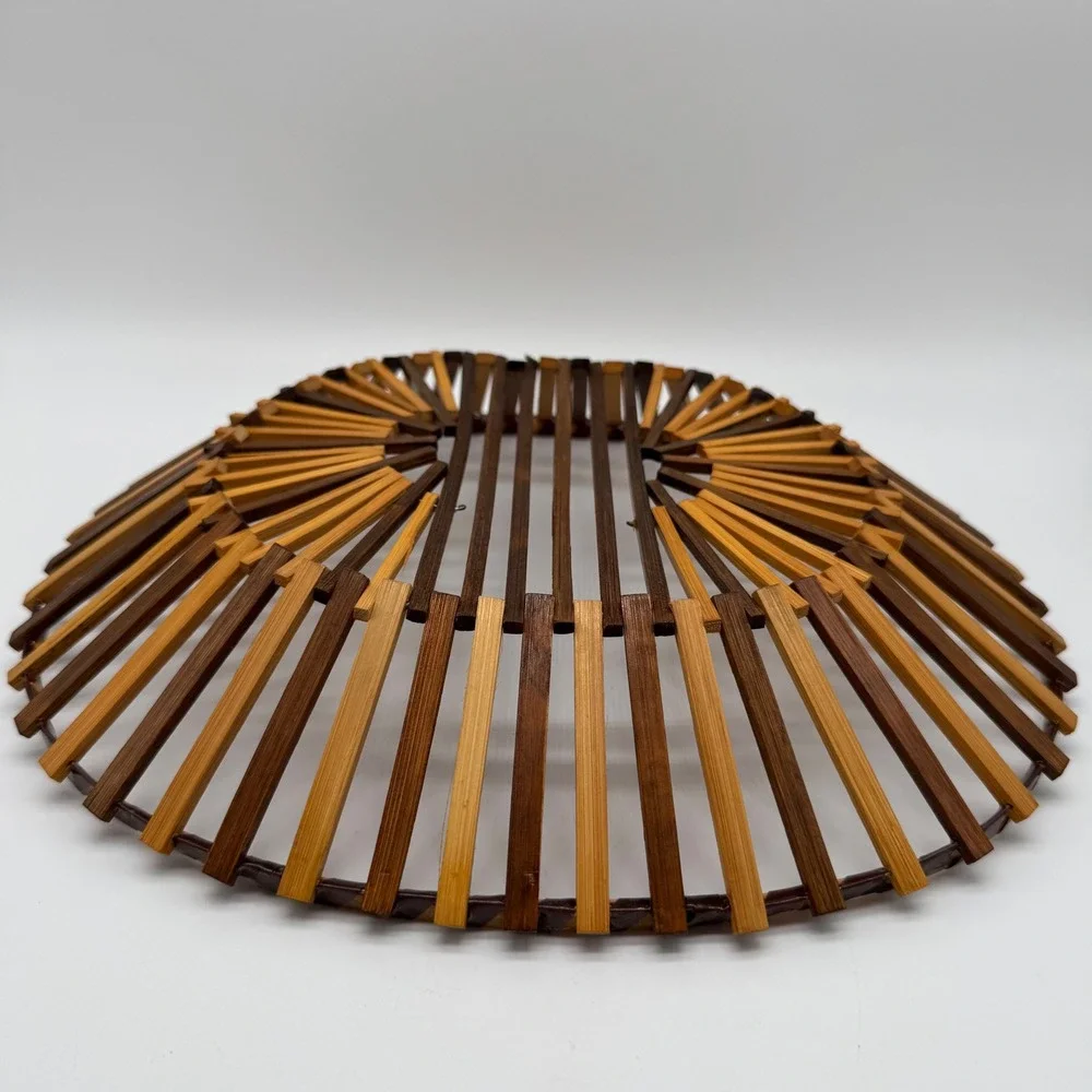 Vintage Bamboo Slat Oval Basket Two Tone Japanese Wood Fruit Bread Bowl 12x10